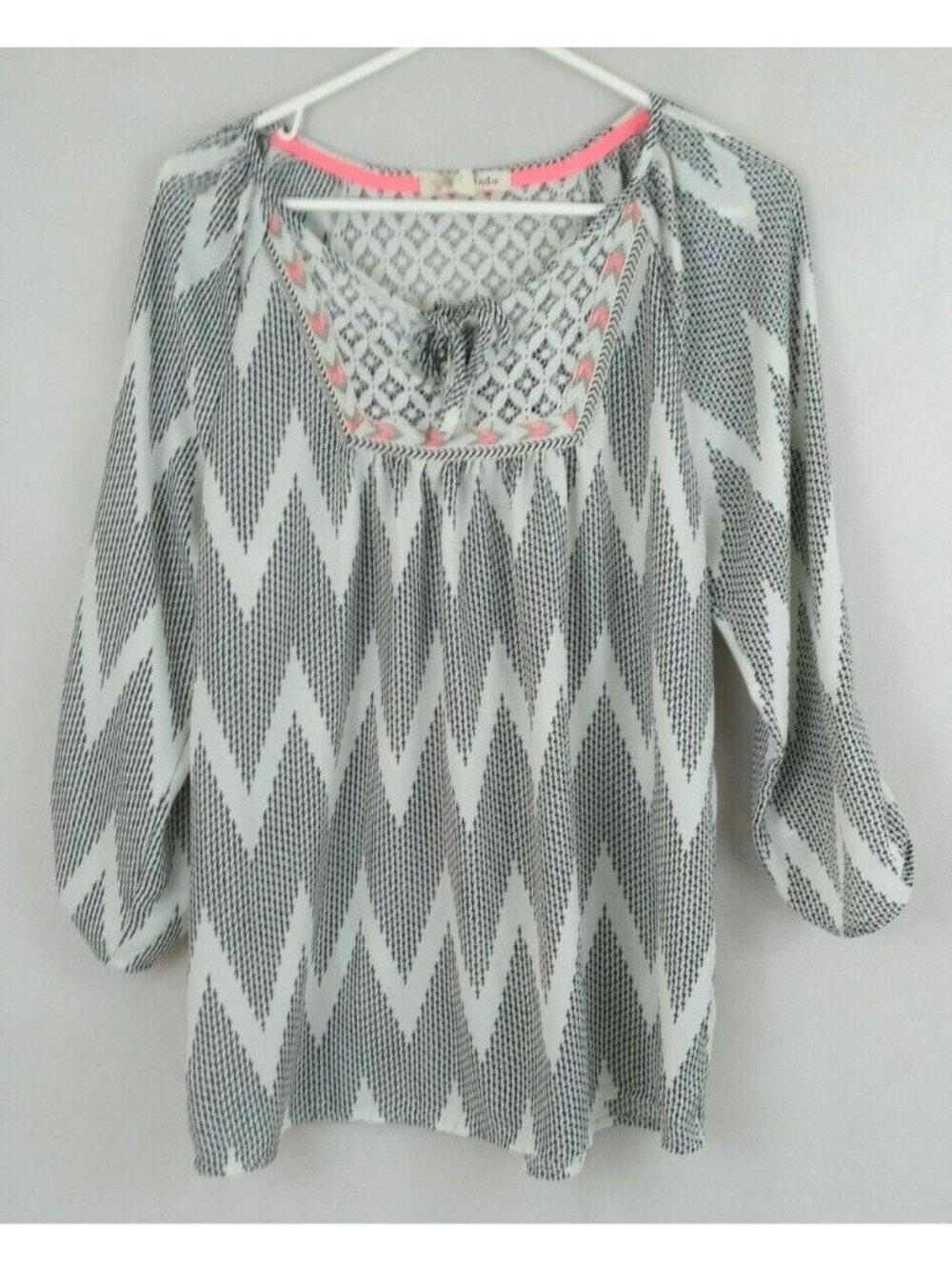 Rewind Sheer Black & White Blouse With Lace Floral Neck Line Size Medium